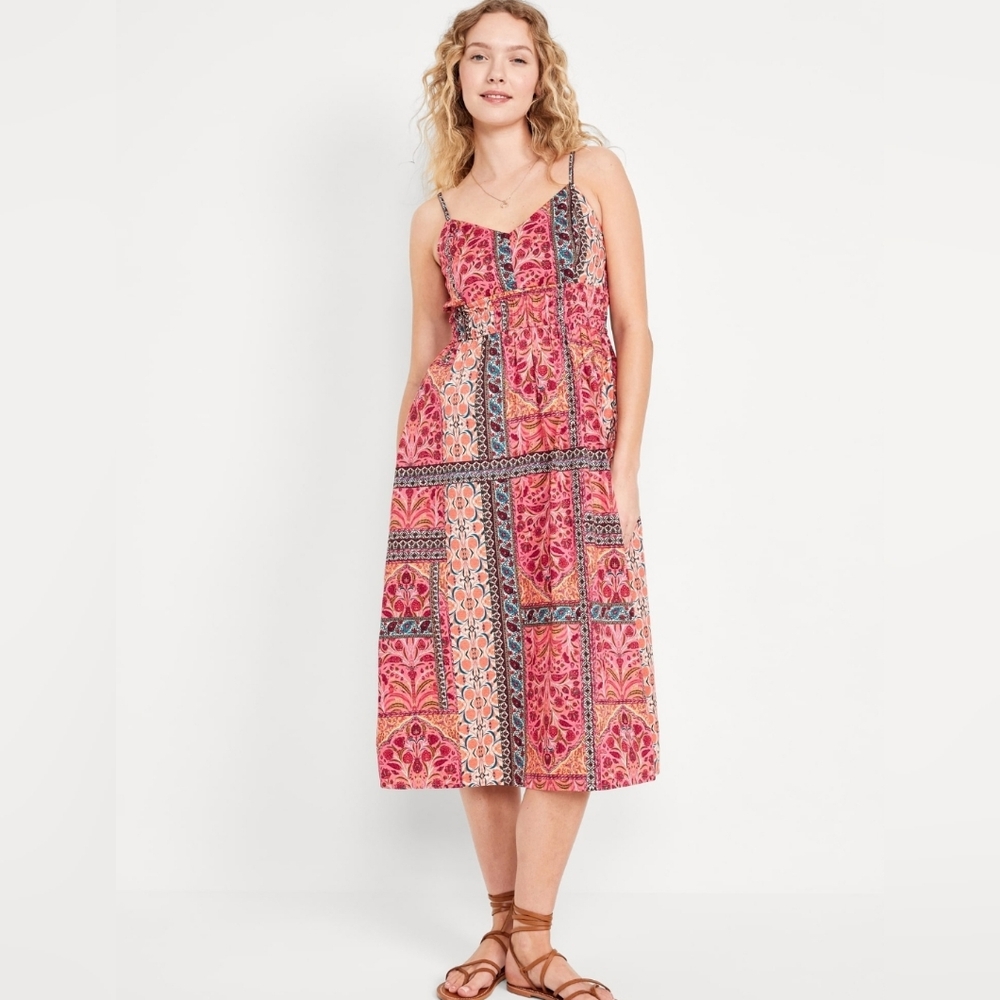 Old Navy New With Tags Pink Paisley Waist-Defined Cami Midi Dress